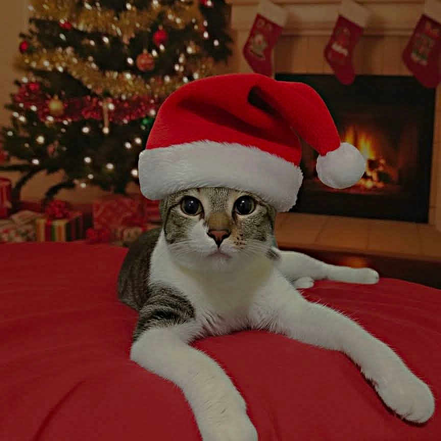 Luna is registered to the contest to win money with this photo: animal, background, cat, celebration, christmas_tree, cozy, cute, decorations, festive, fireplace, holiday, indoor, pet, red, relaxing, santa_hat, seasonal, stockings, white, winter