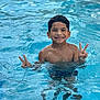 Yahir is registered to the contest to win money with this photo: child, boy, swimming_pool, water, smiling, peace_sign, summer, outdoor, happy, skin, short_hair, portrait, person, youth, recreation, leisure, playful, blue, ripples, casual