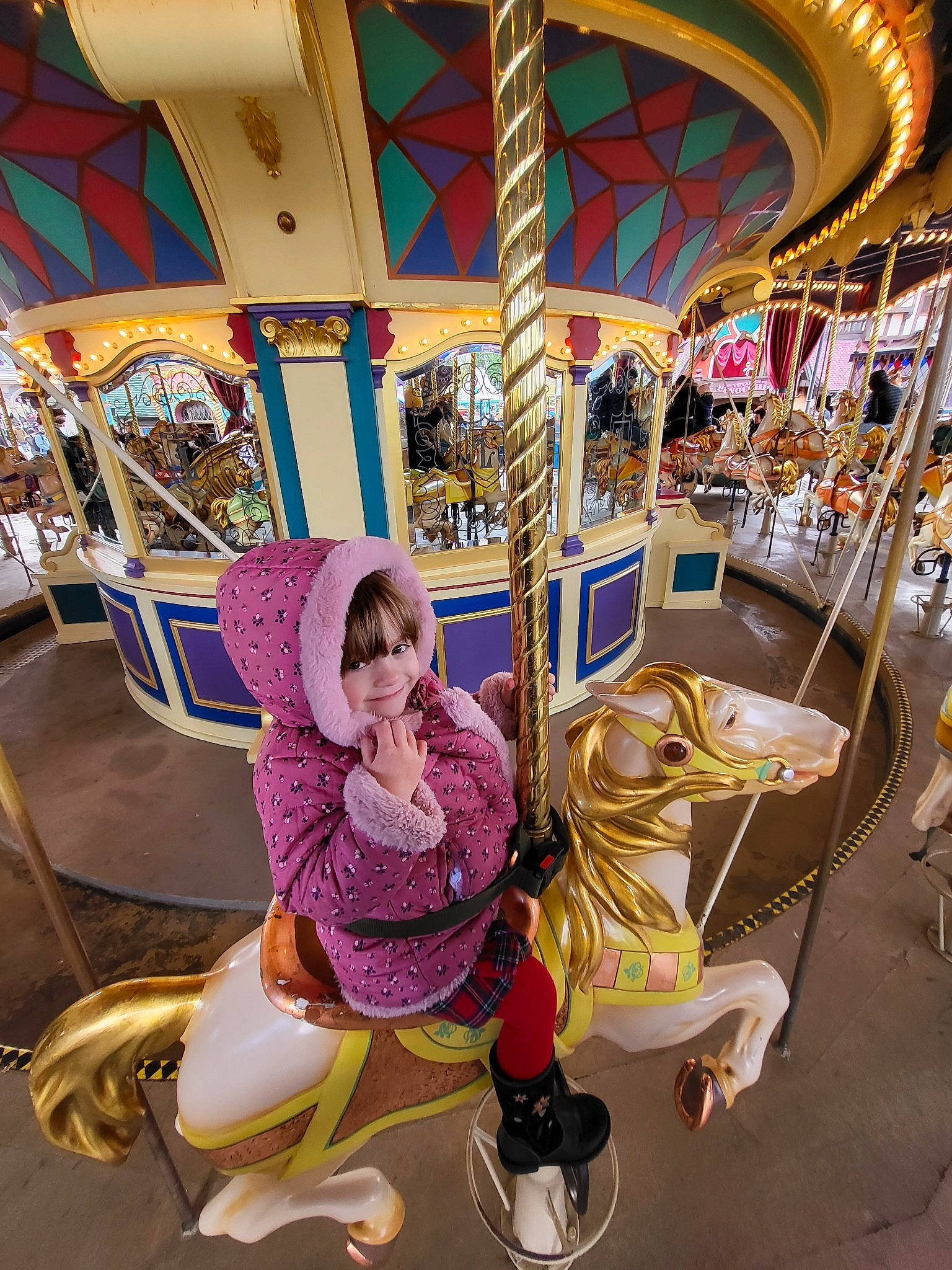 Juliette participe au concours pour gagner de l'argent avec cette photo : amusement_park, amusement_ride, carousel, child, city, event, fair, fun, hat, horse, leisure, magenta, mode_of_transport, nonbuilding_structure, person, playground, recreation, tourist_attraction, travel, vacation