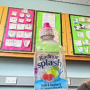 Babs Jams joined the competition — help win amazing prizes! classroom, water_bottle, bottle, beverage_label, apple_and_raspberry, plastic_cap, foreground_object, bulletin_board, student_artwork, cupboard, wooden_panels, ceiling_tiles, power_outlet, desk_edge, cropped_person, student_hair, colorful_display, closeup, brand_label, shelf