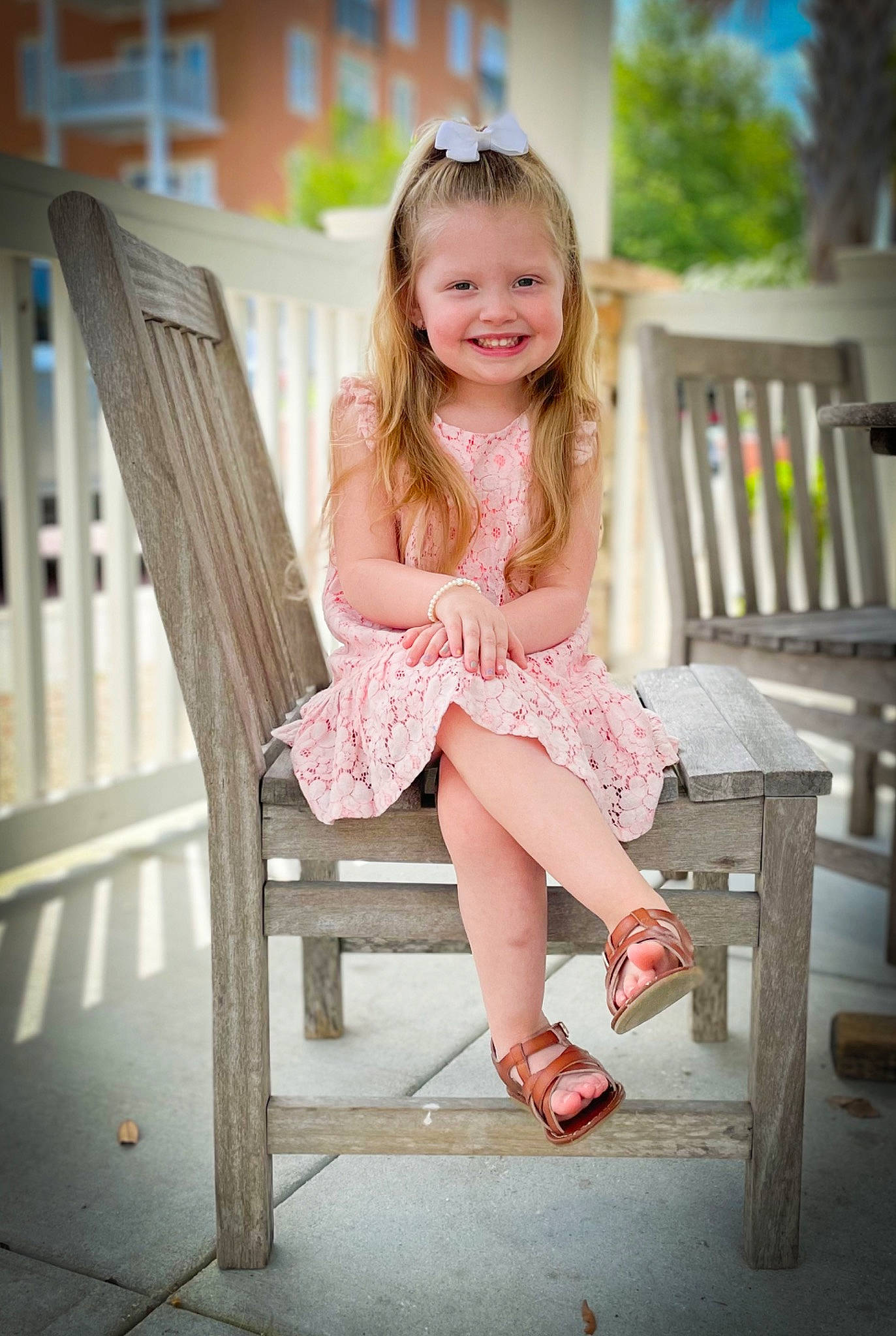 Bexleigh joined the competition — help win amazing prizes! blond, brown_hair, chair, child, dress, facial_expression, flash_photography, grass, hairstyle, happy, human_body, human_leg, joy, knee, leisure, magenta, person, sitting, smile, thigh