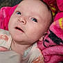 baby, blanket, bottle, child, closeup, clothing, cozy, cute, expression, face, hand, indoor, infant, newborn, onesie, person, pink, portrait, skin, soft