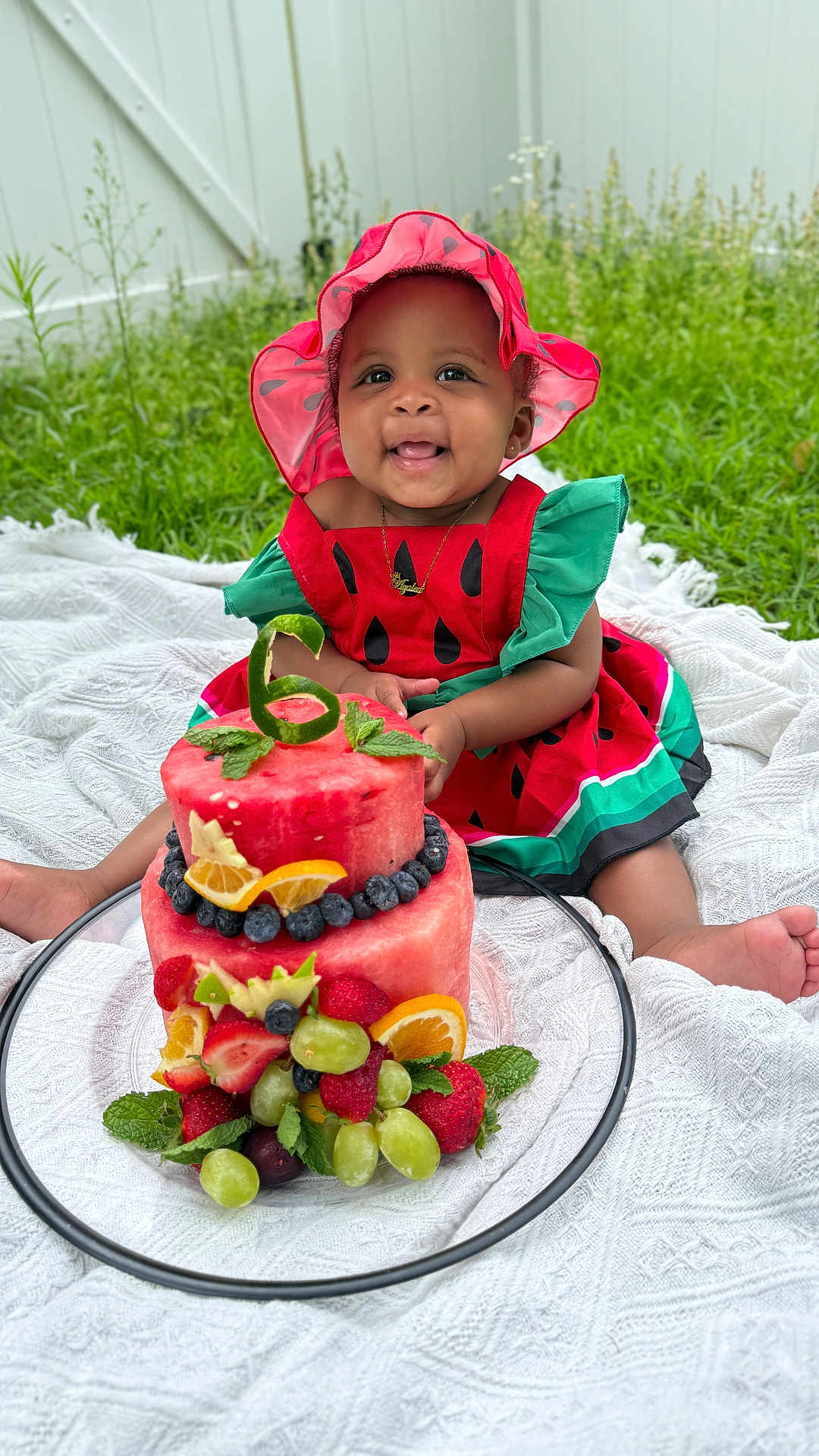 Azalea is registered to the contest to win money with this photo: baby, child, smiling, watermelon_dress, hat, fruit_cake, watermelon_cake, grapes, strawberries, blueberries, orange_slices, greenery, blanket, outdoor, fence, happy, sitting, portrait, cute, celebration