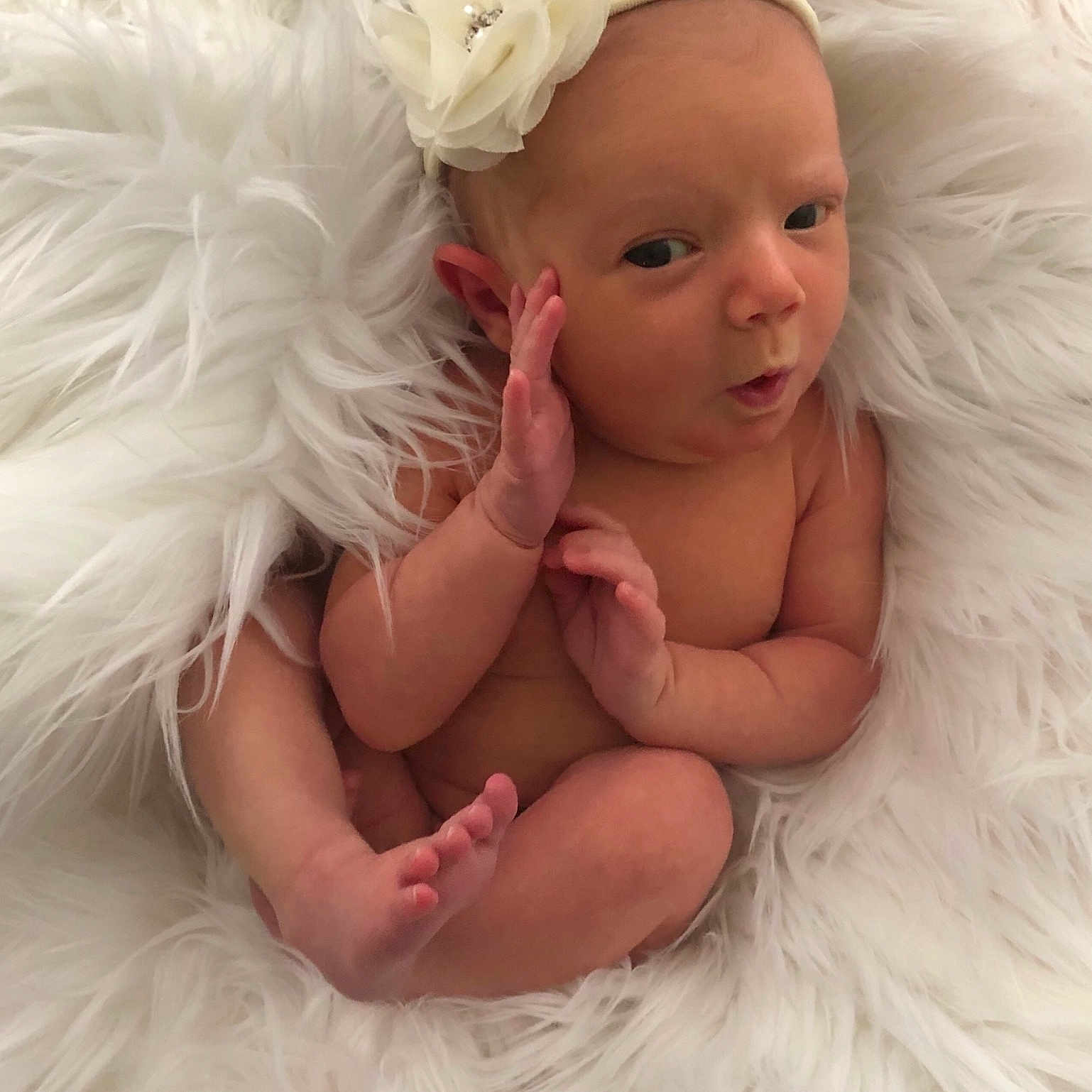 Taelynn is registered to the contest to win money with this photo: baby, cheek, child, eye, face, fur, hair_accessory, head, headband, headgear, headpiece, lip, nose, person, photograph, pink, product, skin, smile, toddler