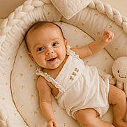 Roxane participe au concours pour gagner de l'argent avec cette photo : baby, infant, smile, white_clothing, braided_cushion, heart_pillow, plush_toy, beige, soft_texture, lying_down, cute, happy, child, cozy, indoor, portrait, small_child, room, comfort, relaxed