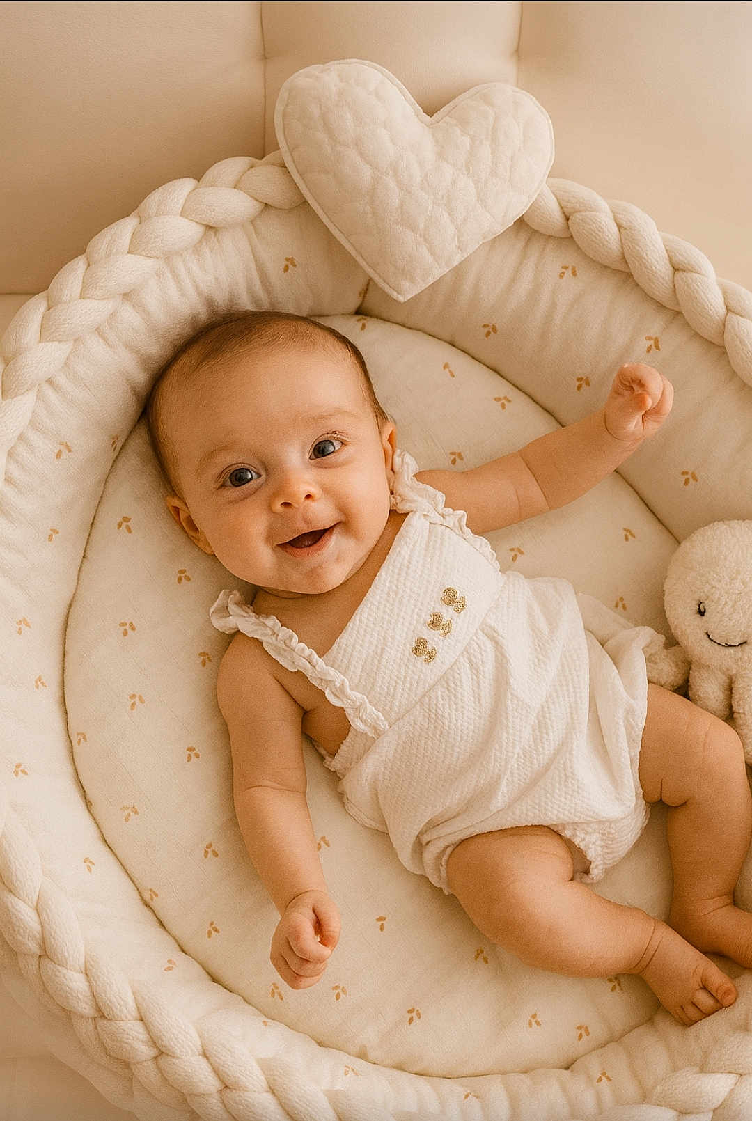 Roxane participe au concours pour gagner de l'argent avec cette photo : baby, infant, smile, white_clothing, braided_cushion, heart_pillow, plush_toy, beige, soft_texture, lying_down, cute, happy, child, cozy, indoor, portrait, small_child, room, comfort, relaxed