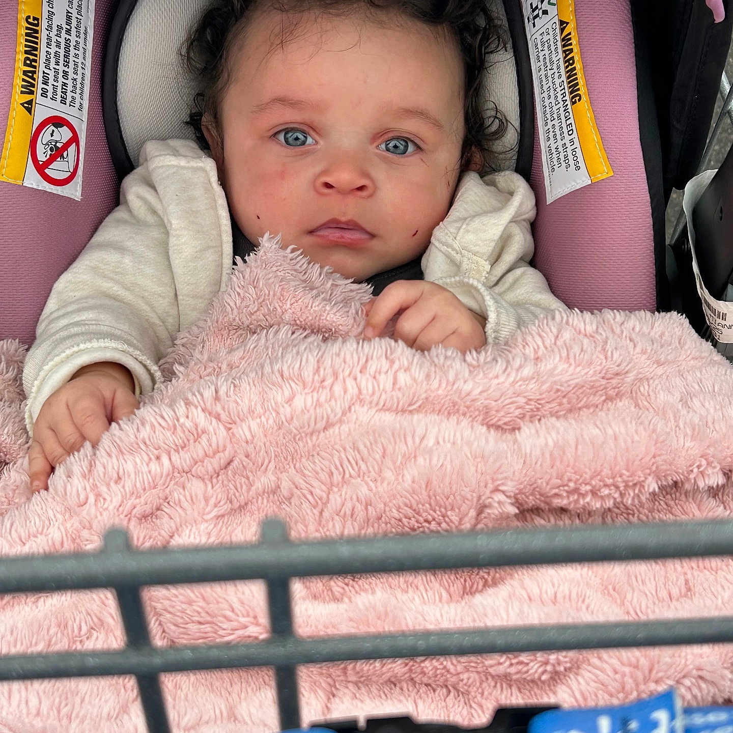 Mianna joined the competition — help win amazing prizes! baby, blanket, blue_eyes, car_seat, child, clothing, curly_hair, cute, expression, face, hands, indoor, infant, person, pink, portrait, seat_belt, shopping_cart, soft_texture, warning_label