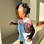 Meera participe au concours pour gagner de l'argent avec cette photo : toddler, child, indoor, sunlight, shadow, denim_overalls, sandals, smiling, hair_buns, floor, wall, door, light, shadow_play, clothing, person, portrait, happy, cute, standing