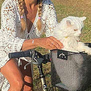Elsie a rejoint le concours — aidez-le/la à gagner de superbes lots ! woman, cat, bicycle, basket, outdoor, grass, hat, braids, white_cat, sunlight, nature, greenery, summer, casual_clothing, smiling, pet, animal, recreation, leisure, daytime