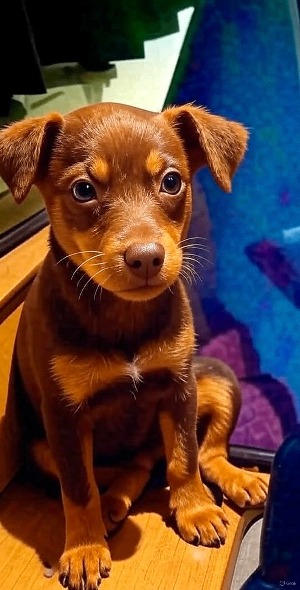 Lucky joined the competition — help win amazing prizes! puppy, dog, brown_fur, cute, pet, animal, whiskers, wooden_surface, sunlight, indoor, closeup, sitting, ears, eyes, nose, paws, fur, adorable, portrait, background