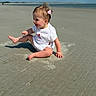 Nora joined the competition — help win amazing prizes! baby, child, beach, sand, ocean, sky, sunny, smiling, happy, hair_clip, white_clothing, sitting, barefoot, outdoor, nature, playful, cute, infant, summer, water