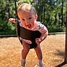 baby, child, swing, playground, outdoor, happy, smiling, pigtails, toddler, sunlight, nature, trees, clothing, socks, fun, excitement, face, person, play, summer