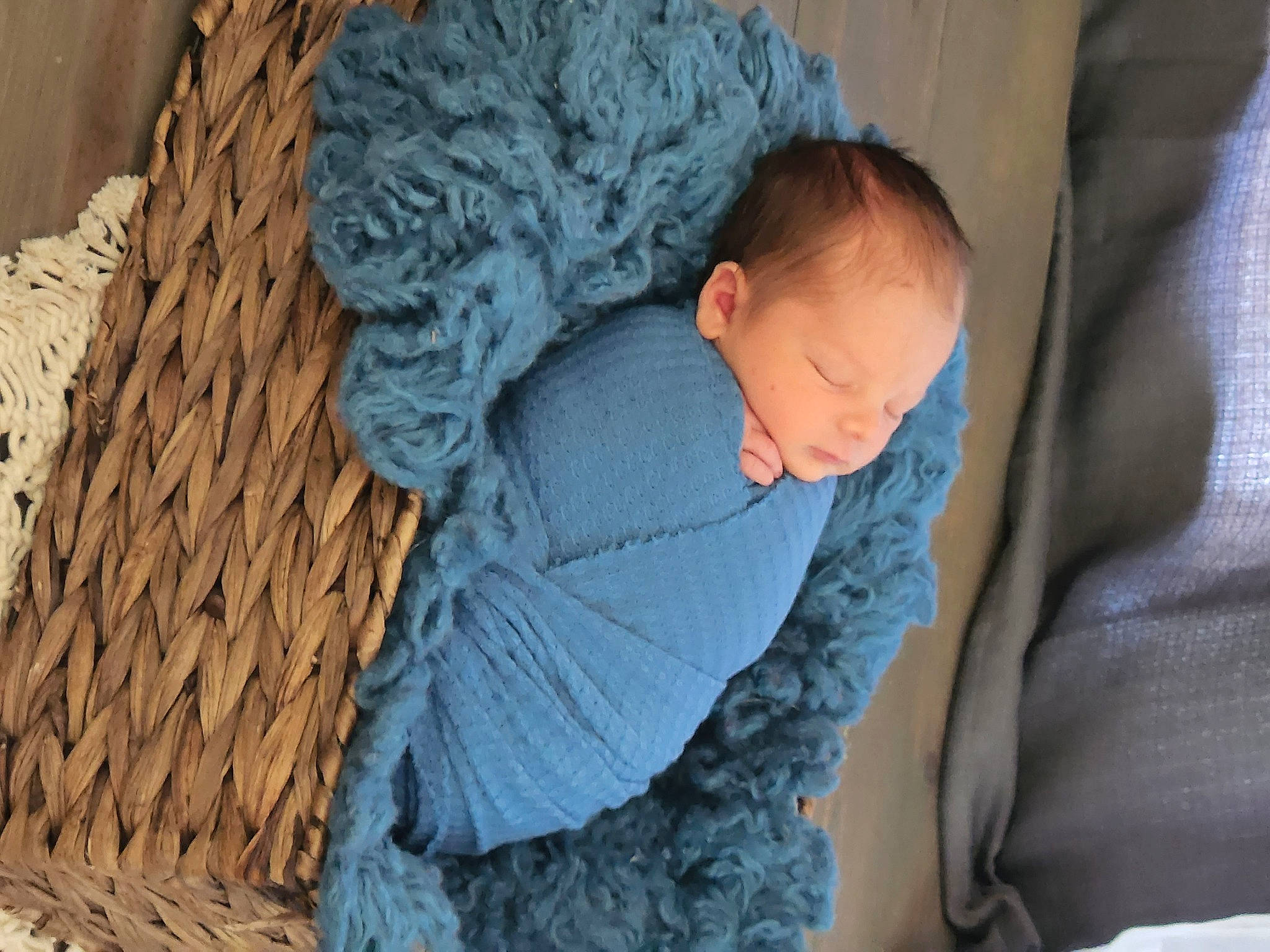 Kolson joined the competition — help win amazing prizes! azure, baby, child, comfort, electric_blue, grey, linens, mammal, pattern, person, rope, sitting, t_shirt, textile, thread, toddler, tree, vertebrate, wood, wool