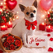 Milo a rejoint le concours — aidez-le/la à gagner de superbes lots ! dog, chihuahua, bow_tie, red_bow, rose_bouquet, red_roses, valentine, heart_balloon, candles, romantic, plush_rug, love_sign, french_text, pet_portrait, bokeh, rose_petals, gift, indoor, adorable, close_up