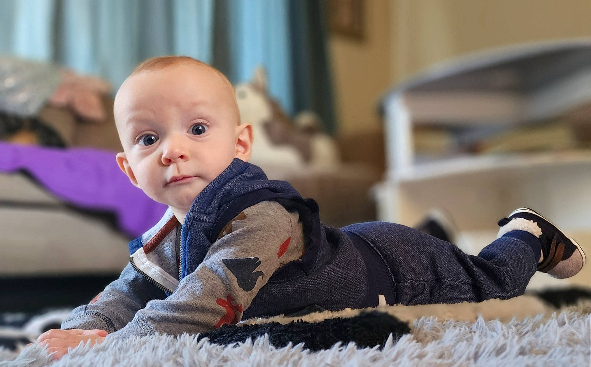 Jaxon is registered to the contest to win money with this photo: baby, baby_toddler_clothing, cheek, child, comfort, flooring, fun, fur, happy, leisure, linens, pattern, person, portrait_photography, room, sitting, sleeve, toddler, wood