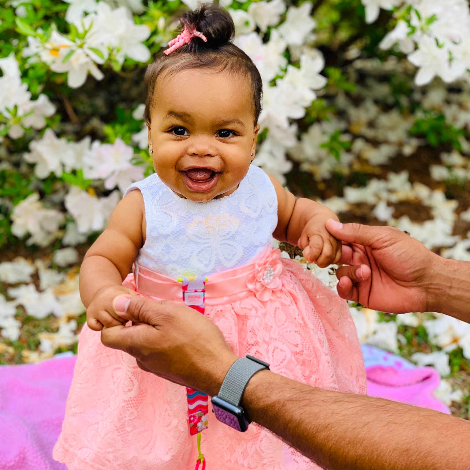 Evalynn joined the competition — help win amazing prizes! baby, child, daughter, dress, fashion_accessory, flower, fun, hair_accessory, happy, joy, people, person, pink, plant, smile, spring, toddler, vacation, wedding_ceremony_supply