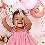 toddler, child, smiling, pink_dress, balloons, flowers, happy, portrait, celebration, curly_hair, earrings, flower_crown, indoor, cute, baby, cheerful, hands_up, festive, decorations, photo_shoot