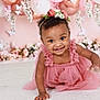 Elyana joined the competition — help win amazing prizes! baby, child, girl, smile, crawling, pink_dress, headband, flowers, balloons, celebration, happy, cute, portrait, indoor, decorations, holiday, toddler, skin, person, infant