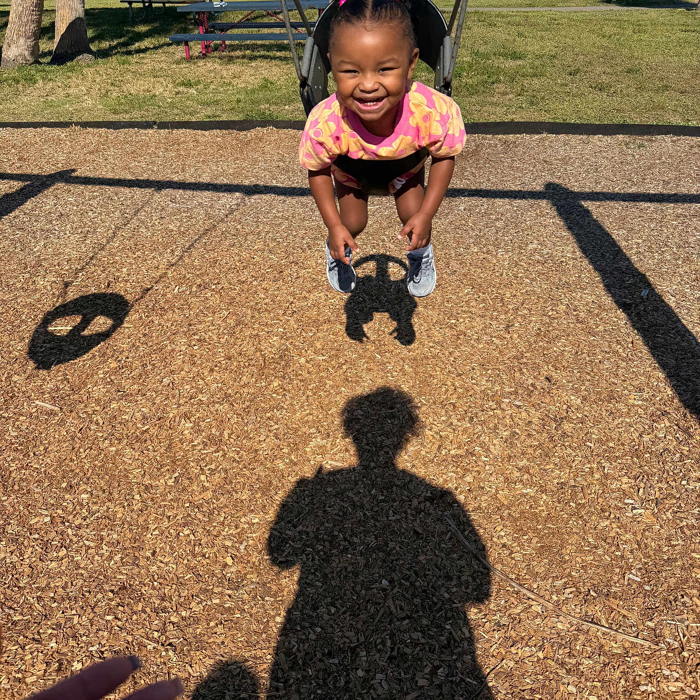 Elyana joined the competition — help win amazing prizes! casual_clothing, child, daylight, fun, grass, hair_beads, hand, happy, outdoor, park_bench, person, pink, playground, recreation, shadow, smile, swing, toddler, trees, woodchips
