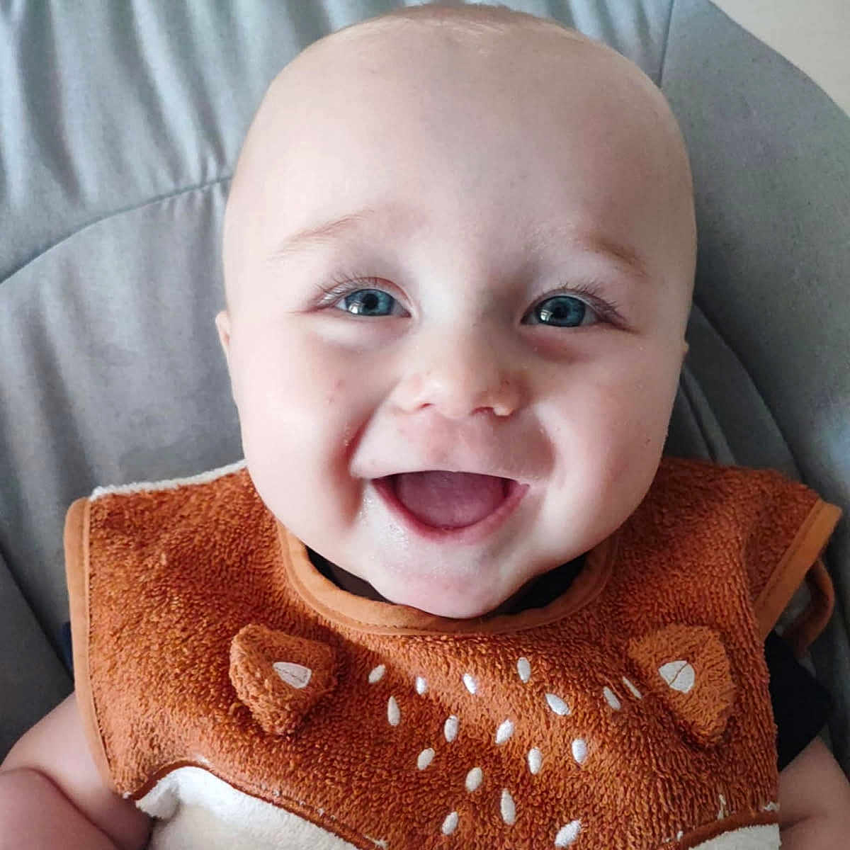 Julian a rejoint le concours — aidez-le/la à gagner de superbes lots ! baby, bib, blue_eyes, cheerful, child, closeup, clothing, cute, cute_baby, face, fox_design, happy, indoor, infant, person, portrait, seat, sitting, smiling, young_child