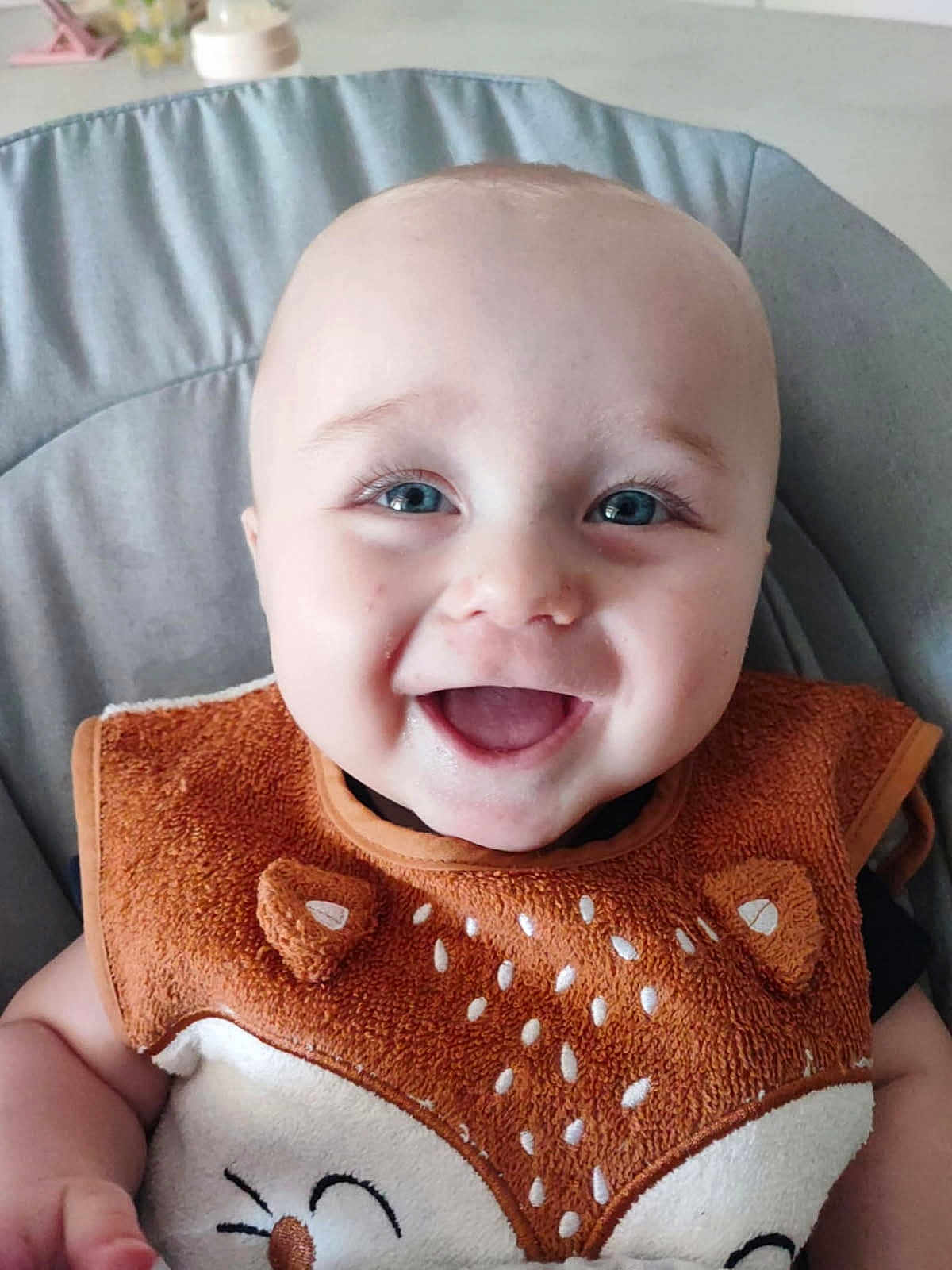 Julian a rejoint le concours — aidez-le/la à gagner de superbes lots ! baby, smiling, blue_eyes, bib, fox_design, infant, cute, happy, face, child, sitting, clothing, indoor, person, portrait, closeup, cheerful, young_child, seat, cute_baby