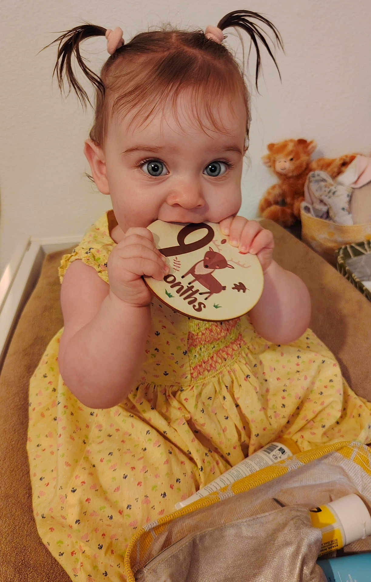 Amalia a rejoint le concours — aidez-le/la à gagner de superbes lots ! baby, child, infant, pigtails, yellow_dress, milestone_card, 9_months, chewing, blue_eyes, plush_toy, changing_table, baby_care, cute, indoors, person, skin, hand, face, smile, hair_ties