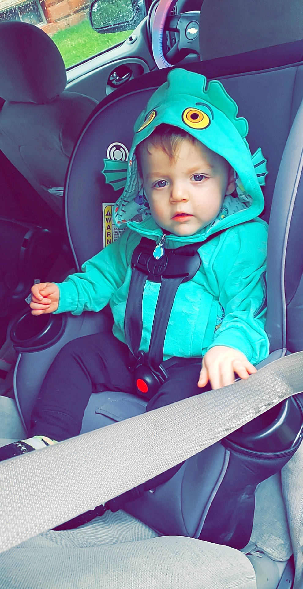 Kai joined the competition — help win amazing prizes! auto_part, baby, baby_toddler_clothing, cap, car_seat, child, comfort, cool, electric_blue, eye, facial_expression, fashion_accessory, fun, happy, headwear, leisure, magenta, person, purple, sitting