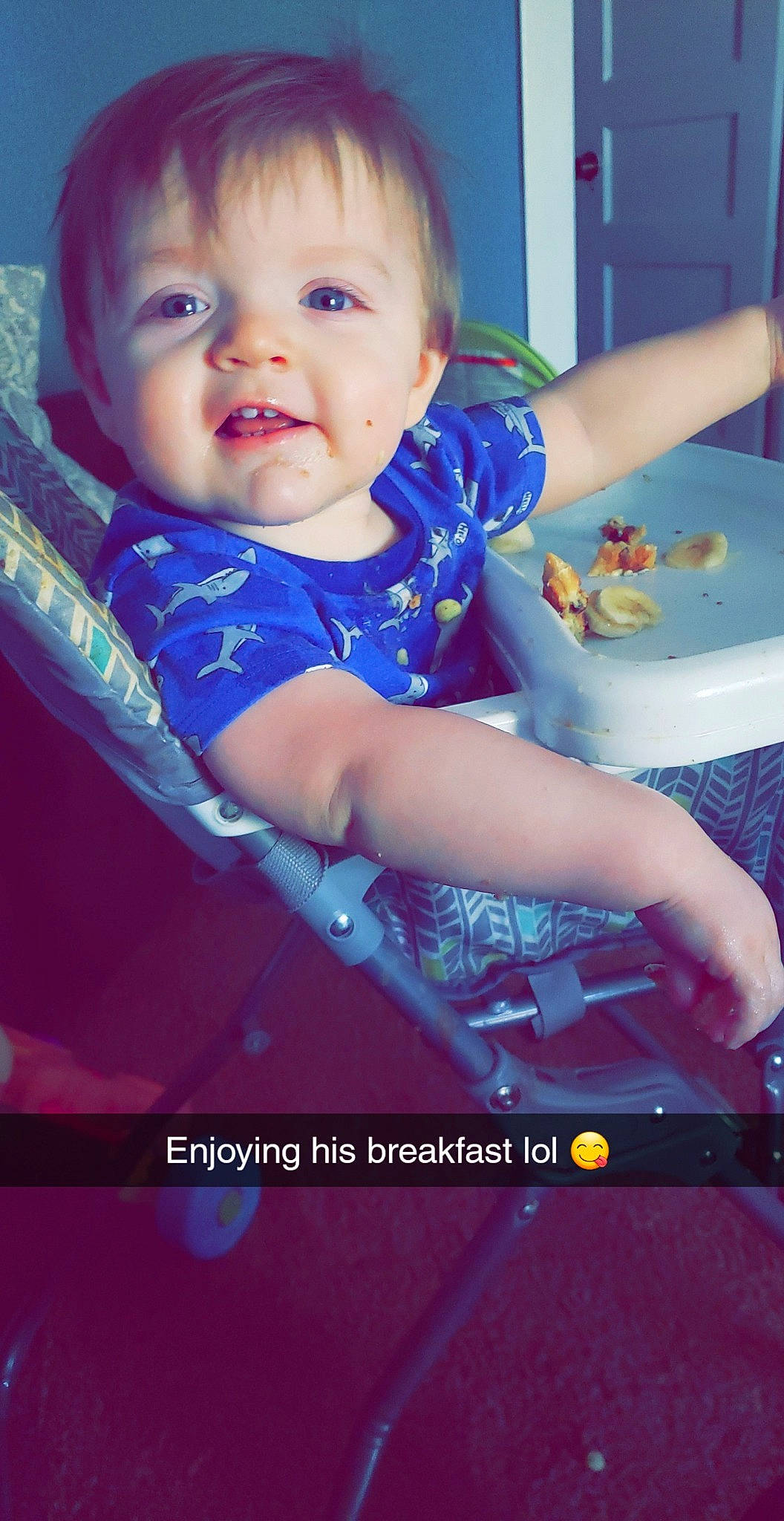 Kai joined the competition — help win amazing prizes! azure, baby, baby_toddler_clothing, cheek, child, electric_blue, finger, flash_photography, fun, hairstyle, happy, iris, person, product, purple, sitting, skin, sleeve, t_shirt, toddler