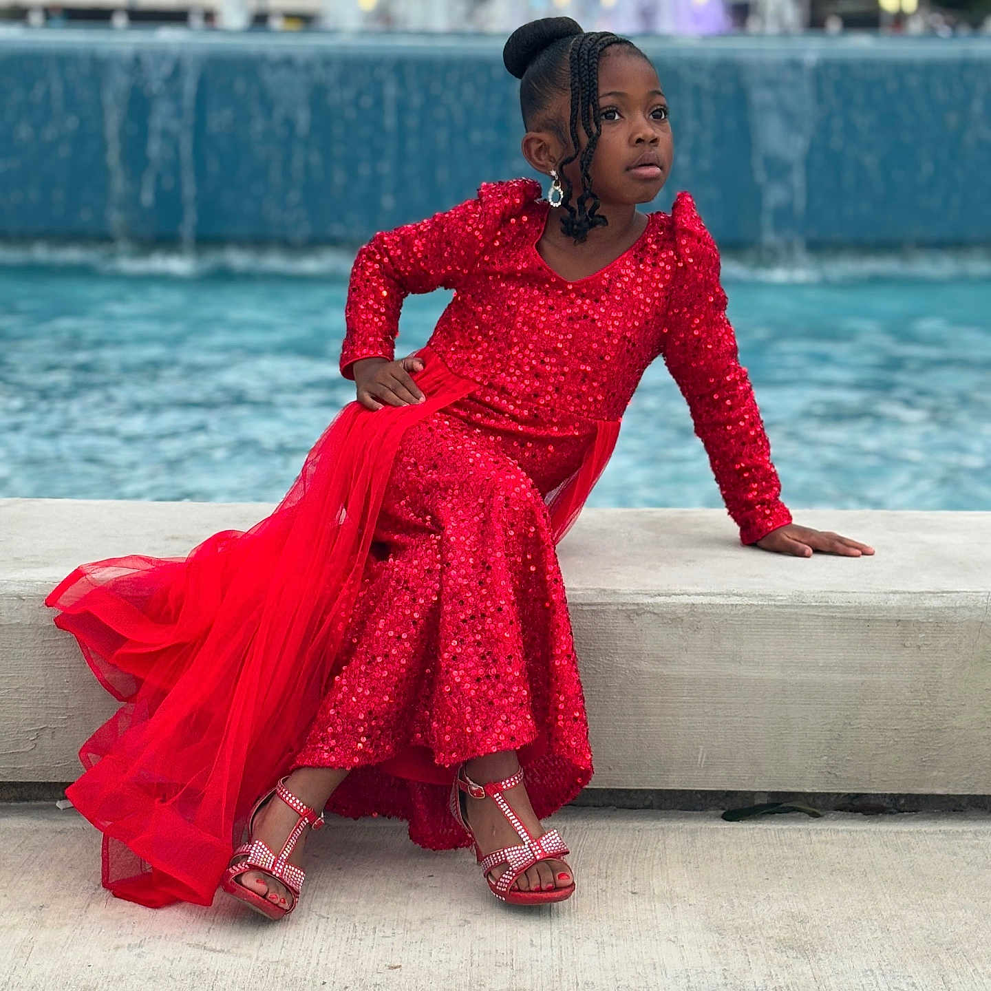 Khilee joined the competition — help win amazing prizes! adult, clothing, dress, eveningdress, face, female, footwear, formalwear, head, performer, person, photography, portrait, sandal, shoe, sitting, soloperformance, suit, water, woman