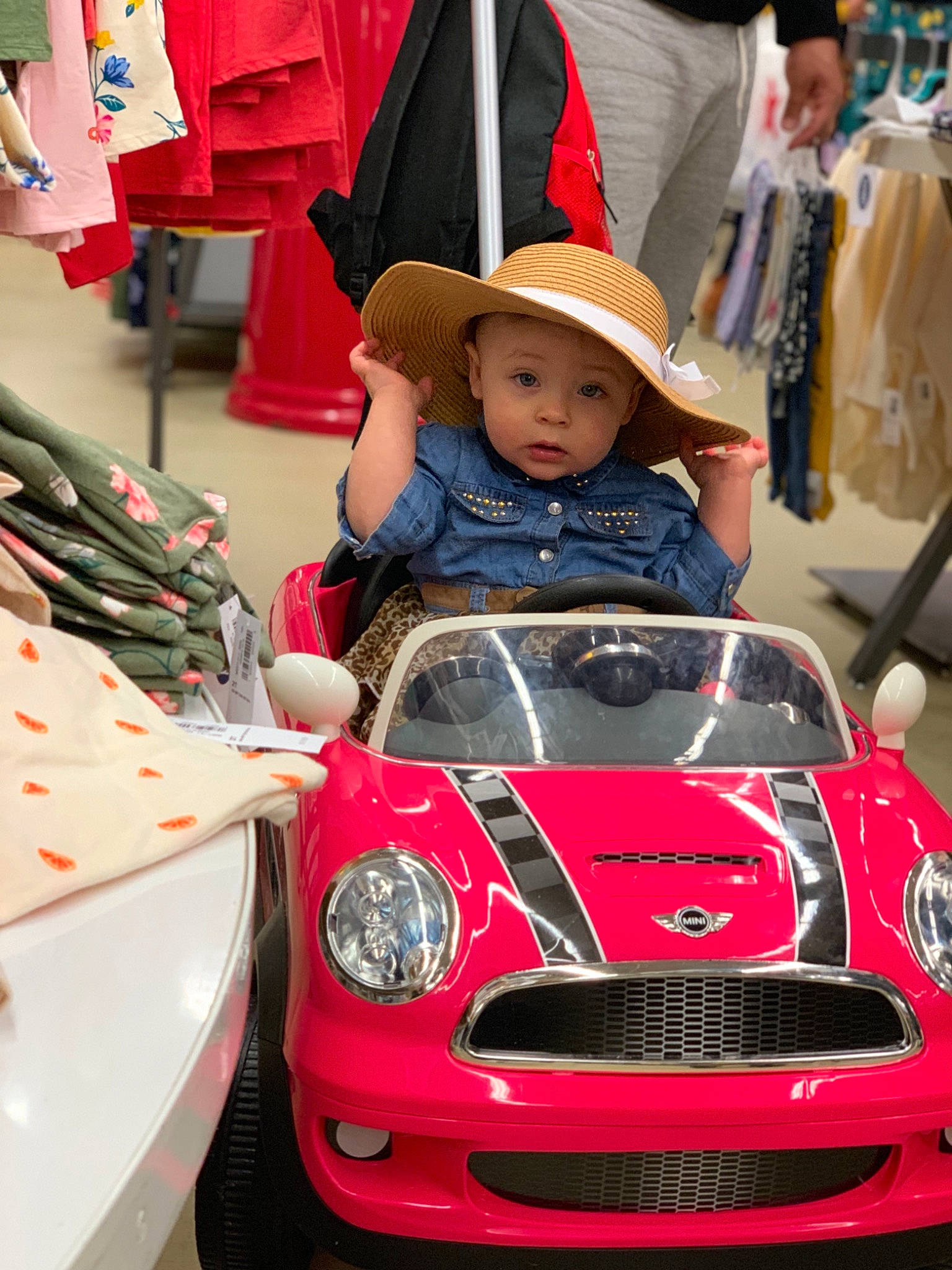 Roxy is registered to the contest to win money with this photo: auto_part, automotive_design, automotive_exterior, car, child, city_car, classic, classic_car, compact_car, headwear, hood, mini, mini_cooper, motor_vehicle, person, photography, pink, product, red, subcompact_car