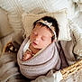 newborn, baby, sleeping, blanket, basket, headband, cozy, soft, wrapped, peaceful, infant, cute, resting, indoors, cushion, knitted, decor, portrait, child, warm