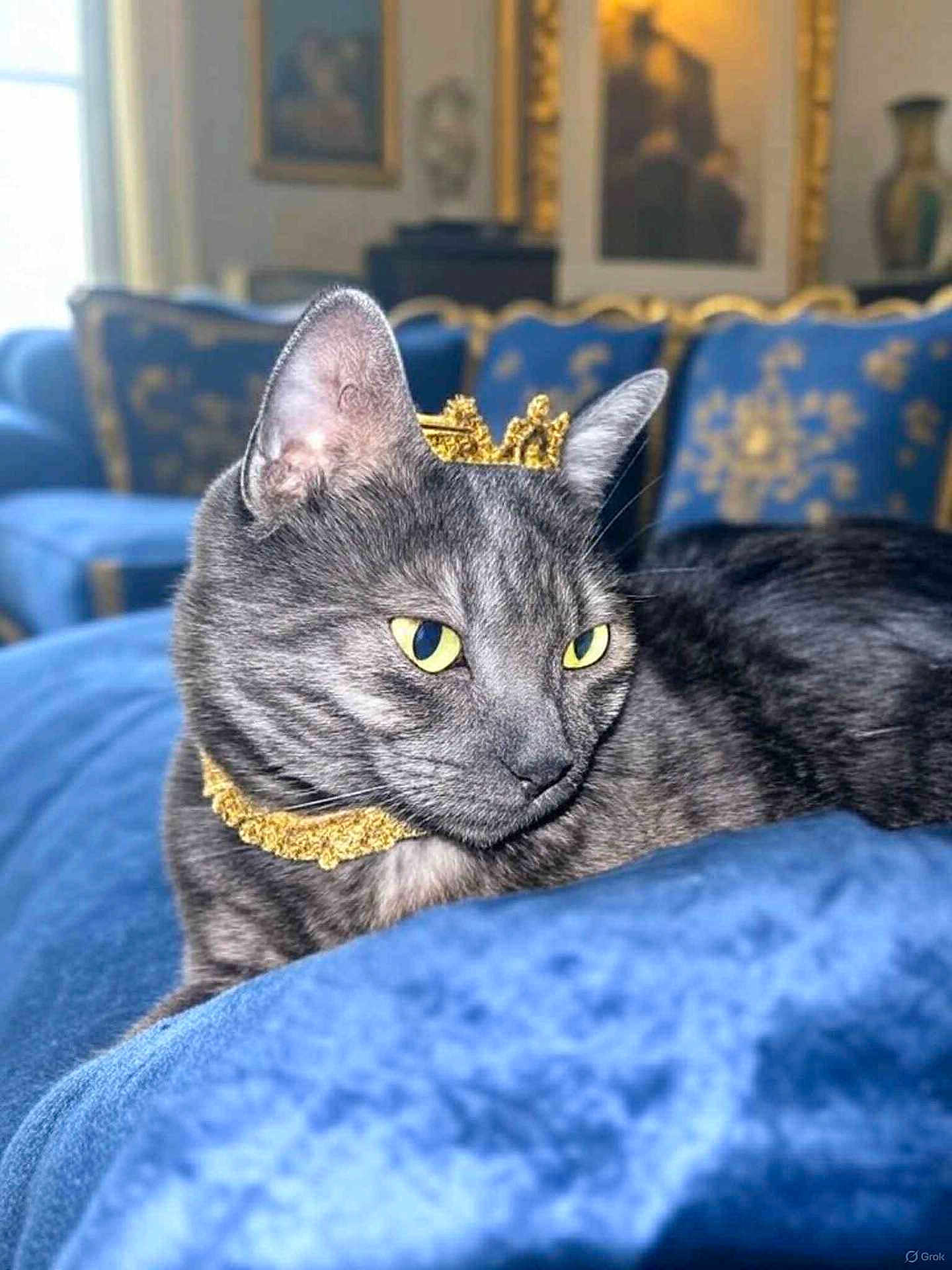 Cayenne a rejoint le concours — aidez-le/la à gagner de superbes lots ! cat, gray_tabby, crown, necklace, blue_velvet, sofa, furniture, indoor, portrait, pet, animal, relaxed, decor, luxury, yellow_eyes, closeup, domestic_cat, home, elegant, resting