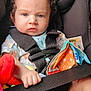 baby, child, car_seat, curly_hair, plush_toy, fabric_book, seatbelt, serious_face, infant, clothing, sitting, hand, legs, indoor, closeup, person, cute, young_child, car_safety, portrait