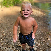 Dane joined the competition — help win amazing prizes! toddler, child, boy, smiling, running, outdoor, river, rocks, water, nature, summer, barefoot, happy, blonde_hair, shorts, casual_clothing, playful, sunlight, portrait, shoes