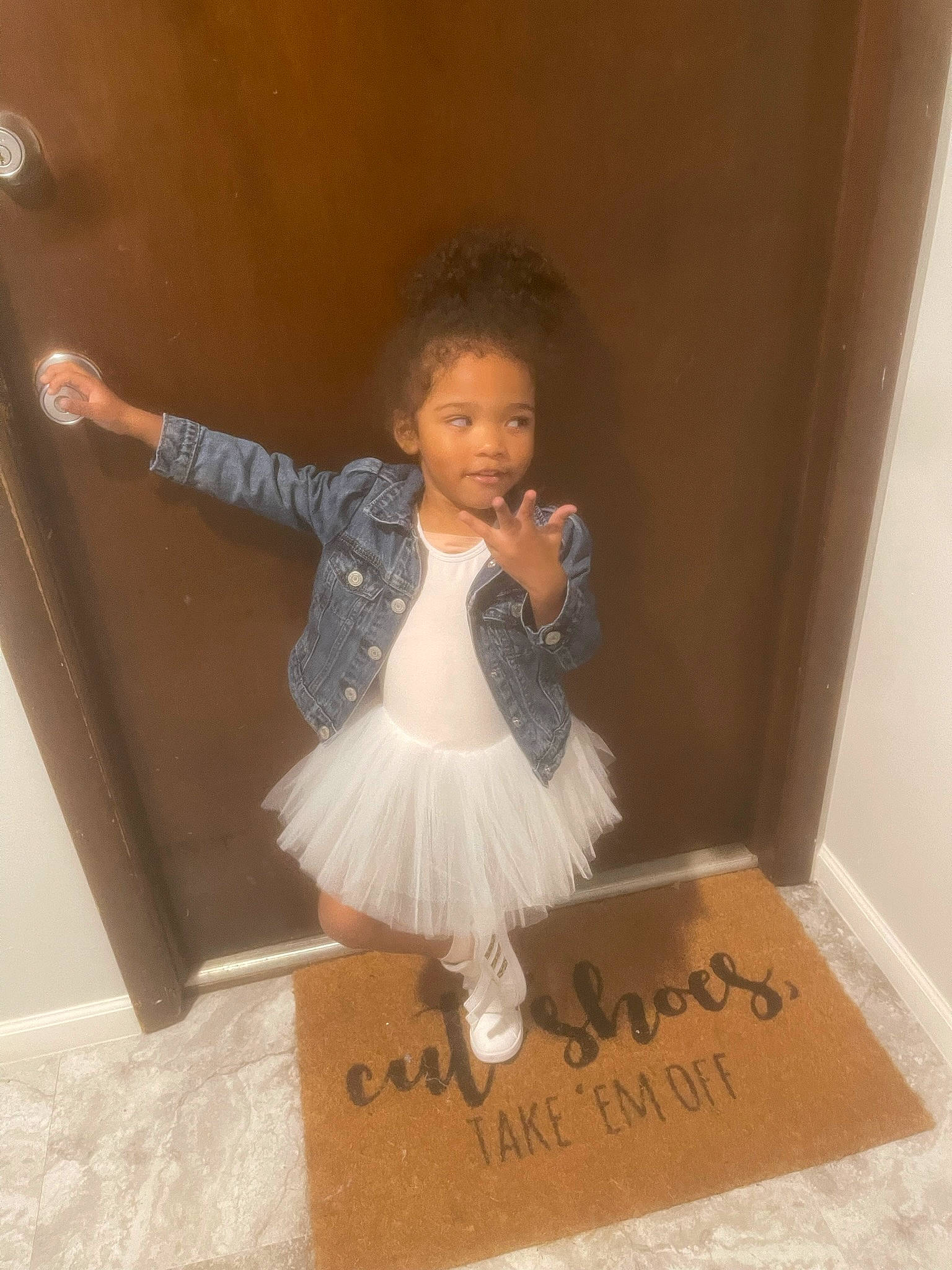Ximenna is registered to the contest to win money with this photo: art, baby_toddler_clothing, ballet_tutu, child, day_dress, flooring, fun, gesture, happy, hardwood, paper_product, person, rectangle, room, sleeve, toddler, vintage_clothing, wood
