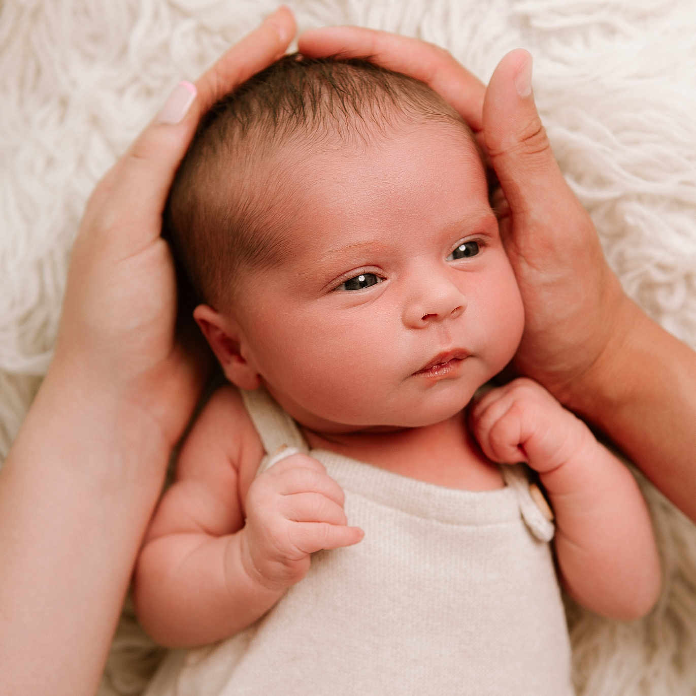 Florence is registered to the contest to win money with this photo: baby, child, closeup, cute, face, gentle, hands, human, infant, natural_light, newborn, peaceful, person, portrait, resting, skin, sleepy, small_hands, soft_texture, white_blanket
