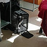 animal, cat, chair, curious, desk, feline, floor, glass, home, indoor, mesh, metal, pet, pet_carrier, quiet, red_blanket, resting, shadow, sunlight, wheel