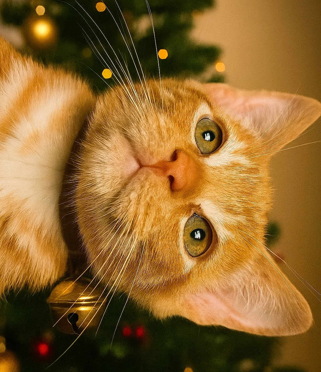 Pitchou a rejoint le concours — aidez-le/la à gagner de superbes lots ! cat, orange_tabby, close_up, whiskers, green_eyes, pet, animal, collar, jingle_bell, christmas_tree, ornaments, holiday, blurred_background, indoor, cute, feline, portrait, soft_lighting, curious, domestic_cat