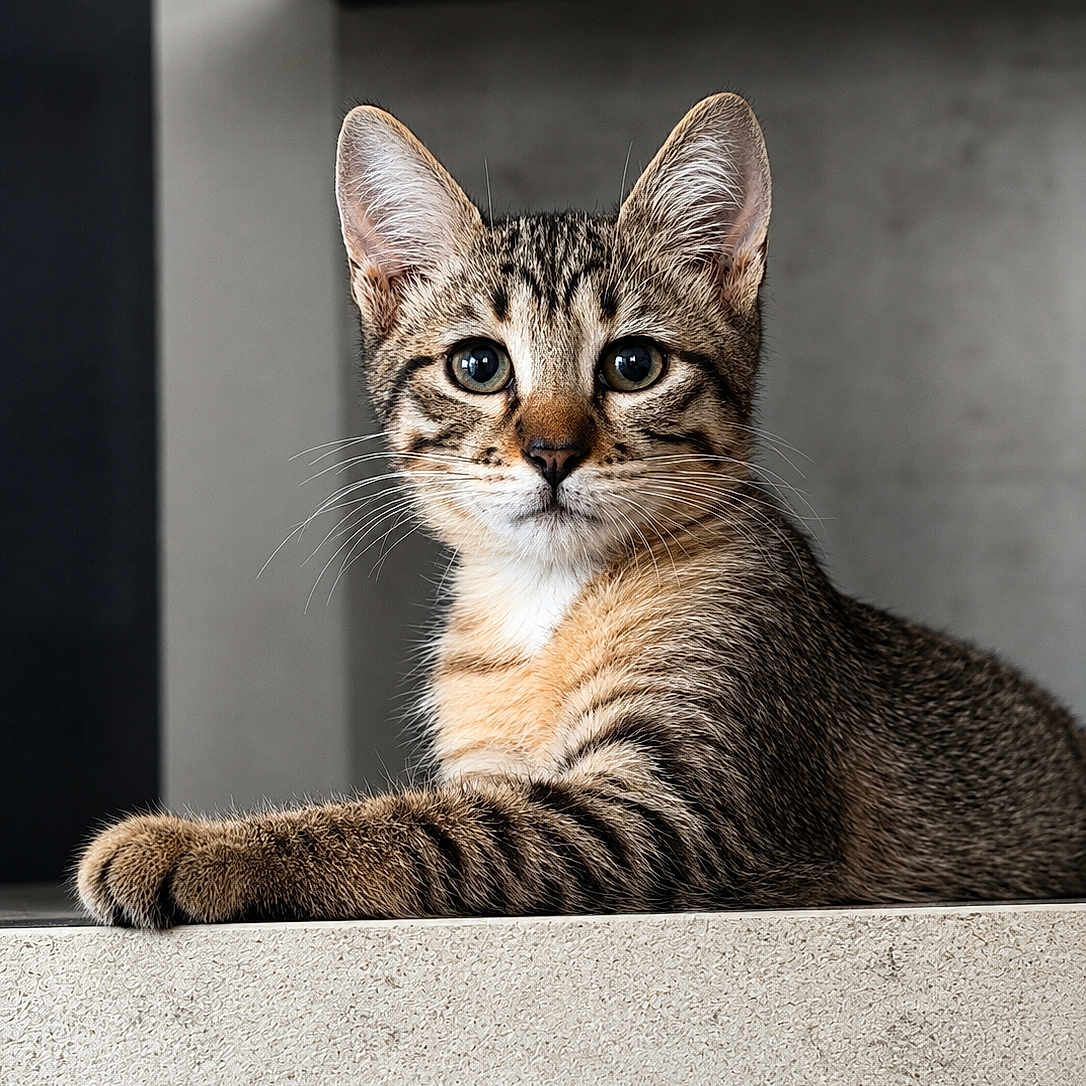 Balou participe au concours pour gagner de l'argent avec cette photo : cat, tabby_cat, feline, pet, animal, portrait, close_up, whiskers, ears, eyes, striped_fur, brown_fur, white_chest, paw, lying_down, countertop, kitchen, indoor, modern_interior, looking_at_camera