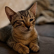 Balou a rejoint le concours — aidez-le/la à gagner de superbes lots ! cat, kitten, tabby, pet, animal, feline, whiskers, ears, paws, winking, face, portrait, close_up, sitting, lying_down, sofa, couch, indoor, cozy, brown_fur