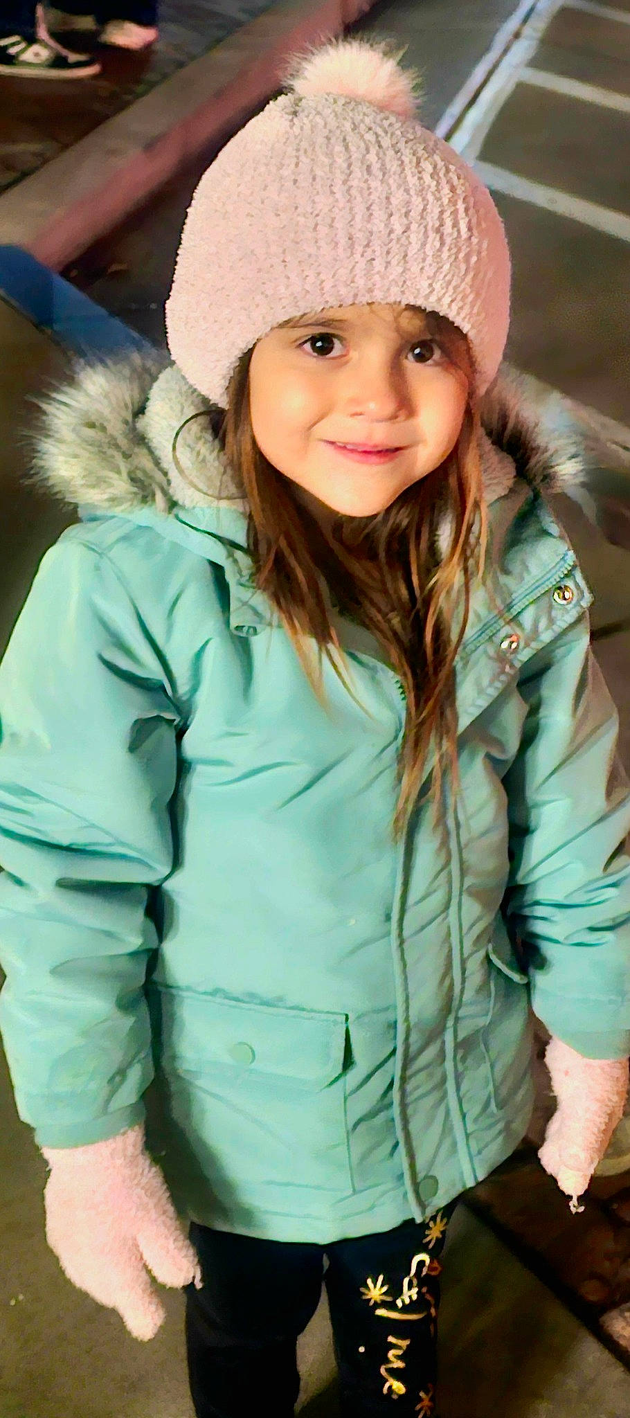 Brynlee joined the competition — help win amazing prizes! cap, electric_blue, eye, face, fashion_accessory, flash_photography, fur, happy, hat, head, headwear, jacket, joy, knit_cap, outerwear, person, skin, sleeve, smile, toddler