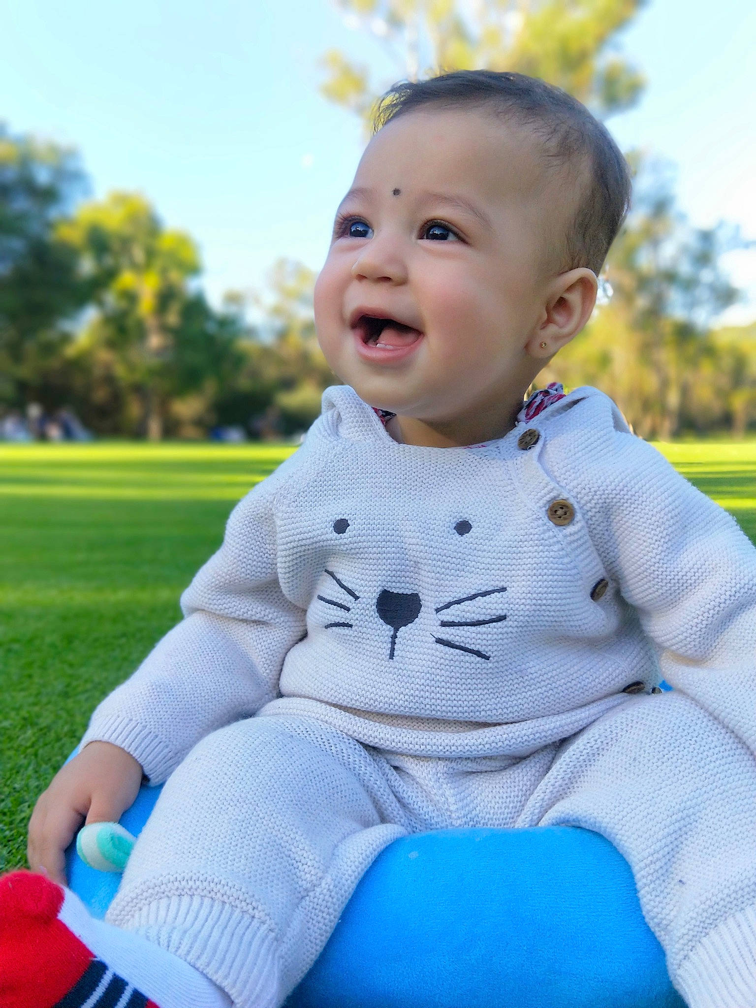 Reyansh joined the competition — help win amazing prizes! baby, baby_toddler_clothing, beauty, blue, cheek, child, child_model, face, facial_expression, grass, happy, lip, outerwear, person, portrait_photography, sitting, skin, sleeve, smile, sweater