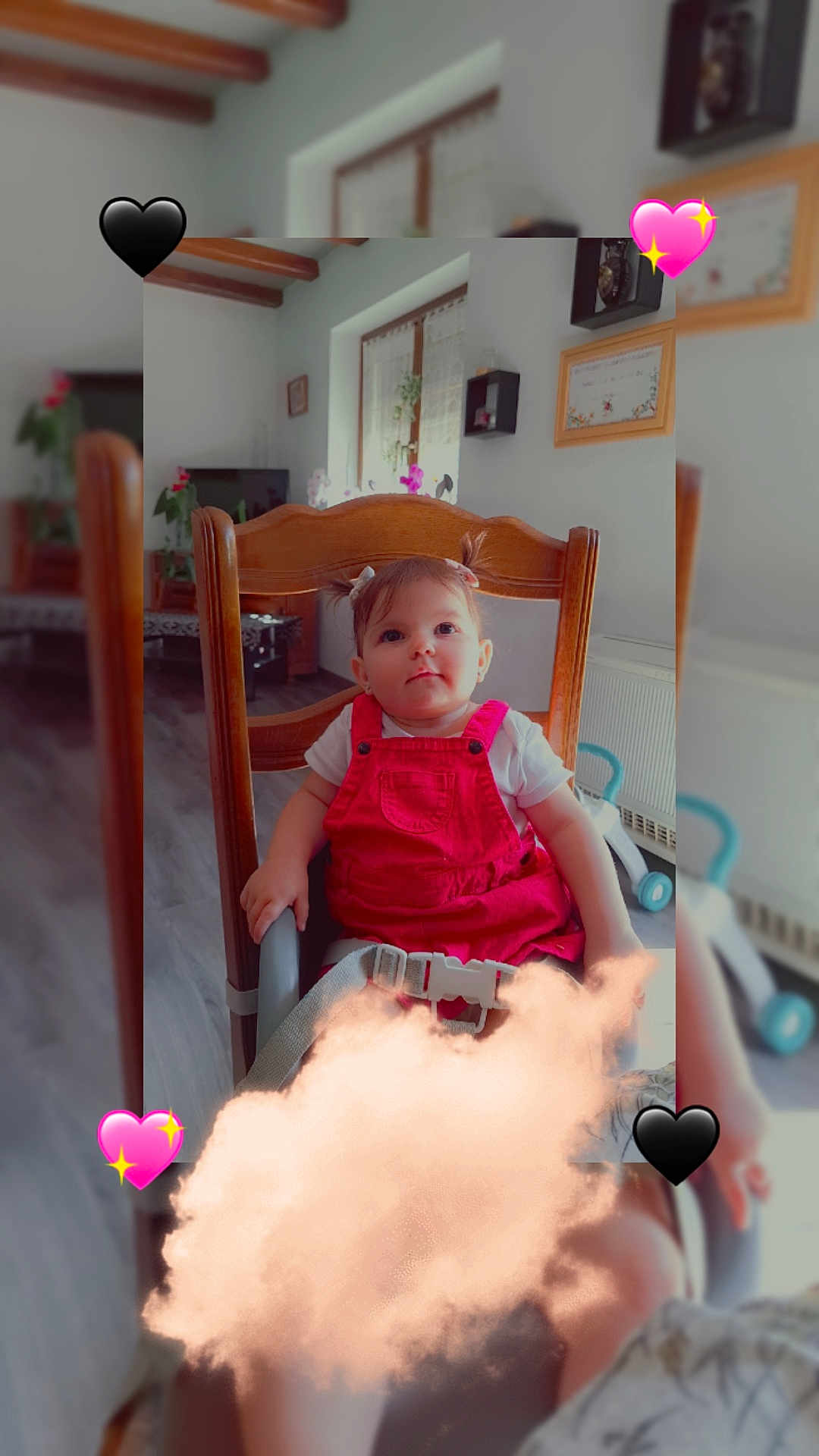 Maïwenne participe au concours pour gagner de l'argent avec cette photo : child, cloud_effect, cute, decor, face, floor, heart_emoji, high_chair, home, indoors, person, pigtails, plant, radiator, red_dress, smiling, toddler, toy, window, wooden_chair