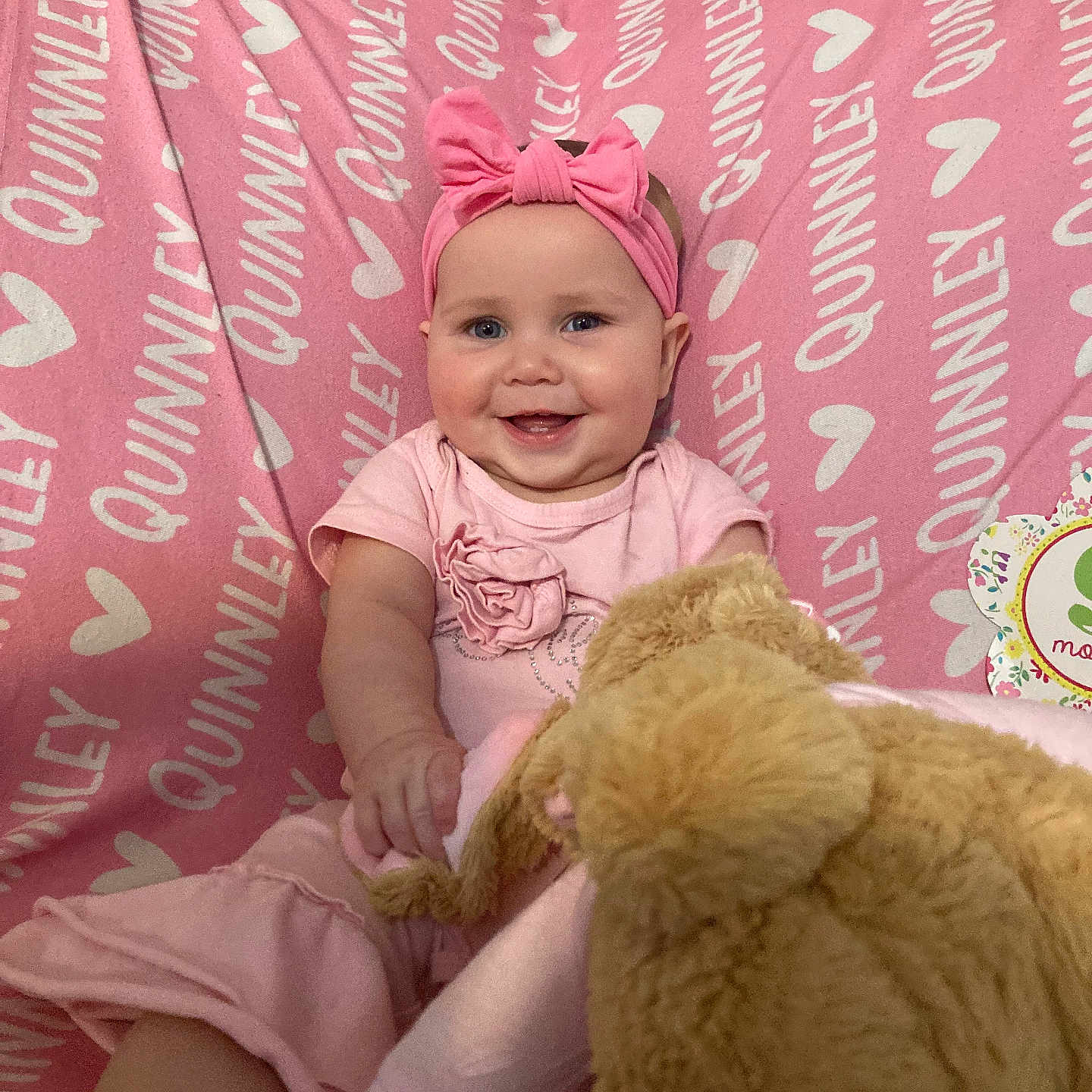 Quinnley is registered to the contest to win money with this photo: baby, blanket, bow, child, clothing, cozy, cute, happy, headband, heart, indoor, infant, person, pink, plush_toy, portrait, sitting, smile, teddy_bear, text