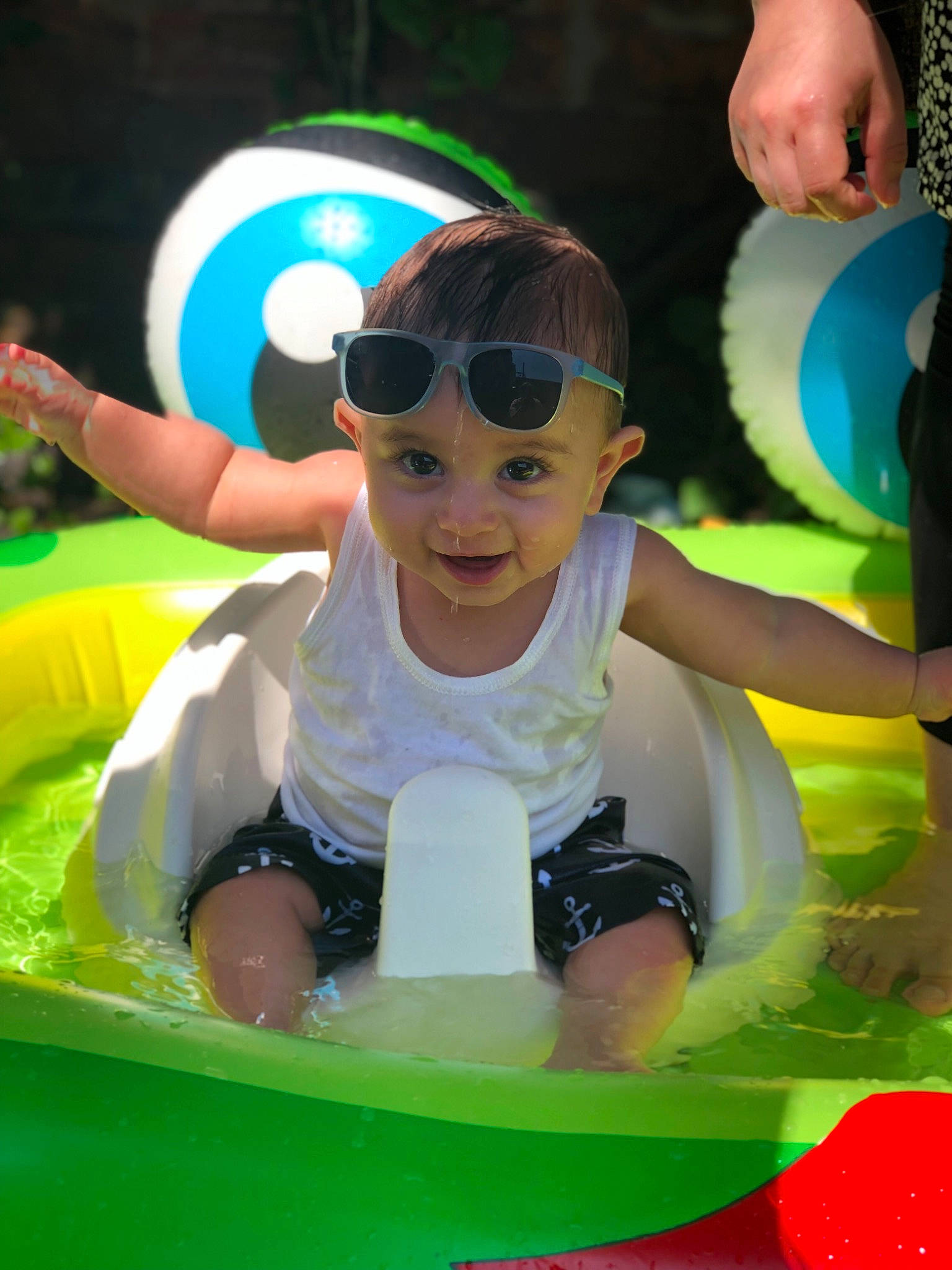 Harris joined the competition — help win amazing prizes! child, cool, eyewear, fun, games, glasses, green, inflatable, leisure, person, personal_protective_equipment, play, recreation, summer, sunglasses, toddler, vacation