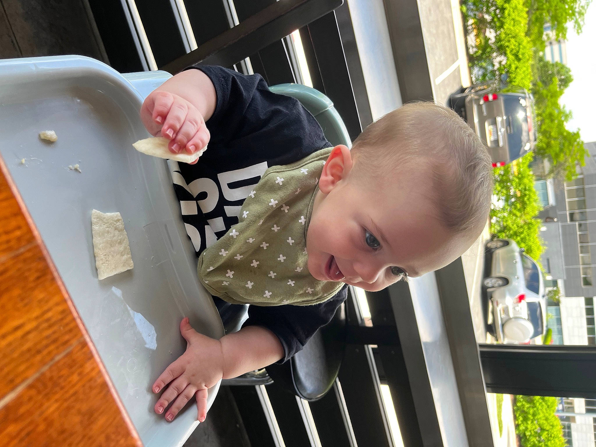 Reece joined the competition — help win amazing prizes! baby, baby_products, baby_safety, baby_toddler_clothing, child, fence, finger, fun, hand, happy, leisure, person, plant, play, sitting, sleeve, sunglasses, tableware, toddler, tree