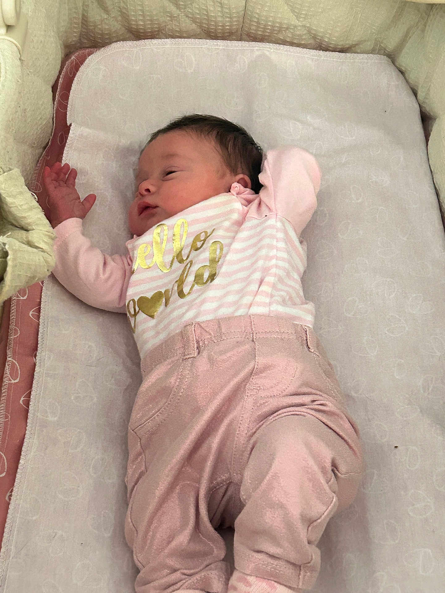 Roselynn is registered to the contest to win money with this photo: baby, newborn, sleeping, pink_clothing, blanket, crib, infant, soft_texture, pattern, cozy, cute, child, resting, indoors, peaceful, small_hand, face, portrait, lying_down, comfortable