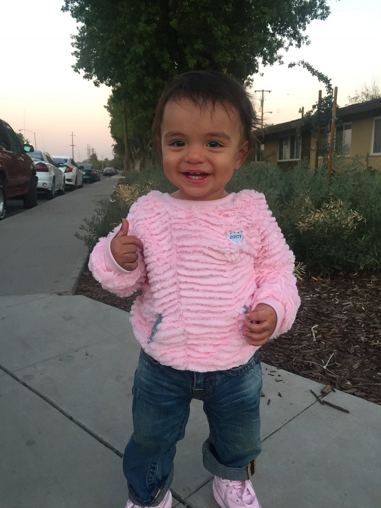 Avah joined the competition — help win amazing prizes! boy, child, cool, day, facial_expression, fun, girl, head, jeans, joy, outerwear, person, pink, product, shoulder, skin, smile, standing, sweater, textile