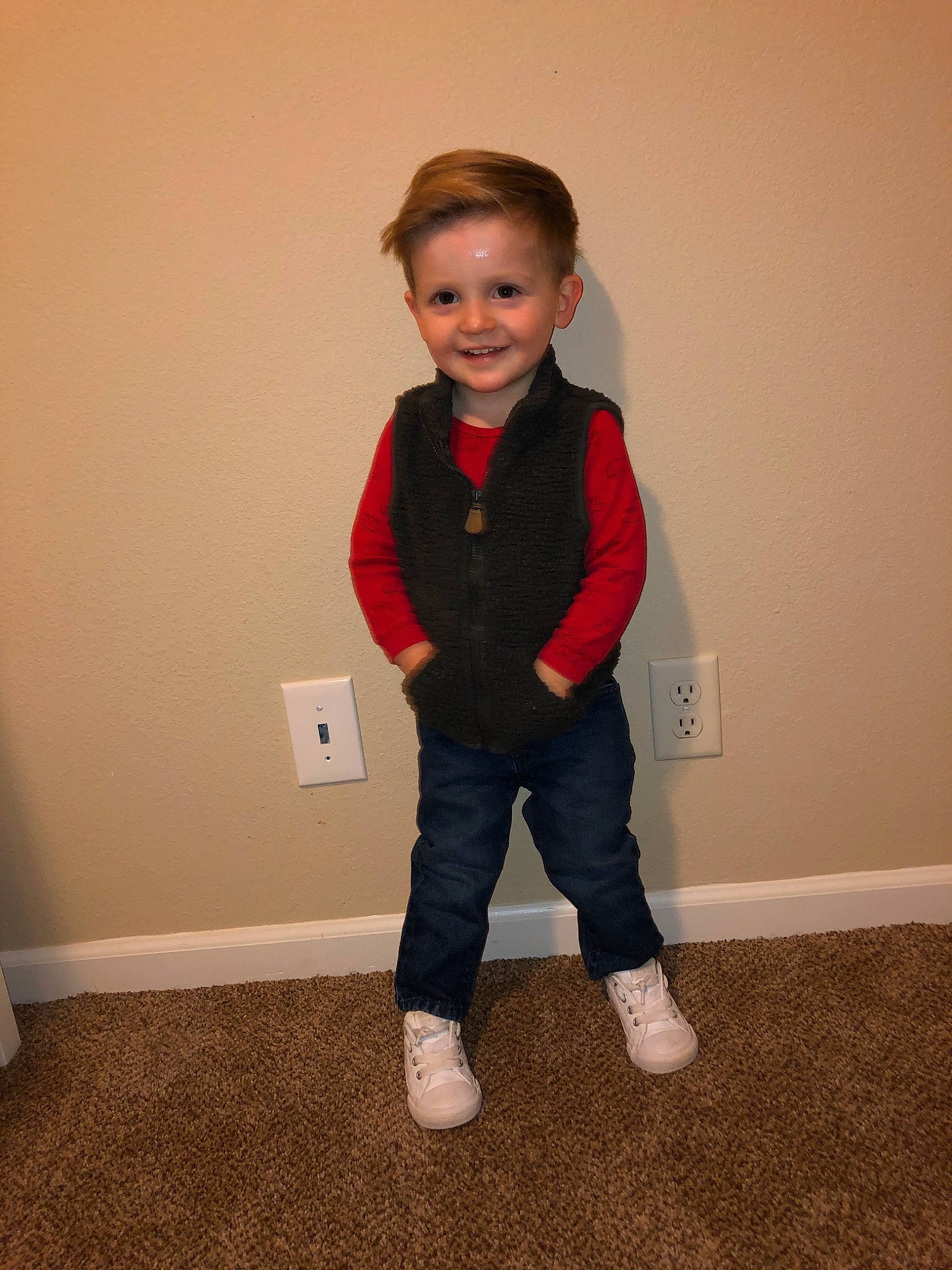 Kayden joined the competition — help win amazing prizes! arm, child, floor, flooring, jacket, jeans, joint, joy, leg, outerwear, person, shoe, shoulder, sleeve, standing, t_shirt, toddler