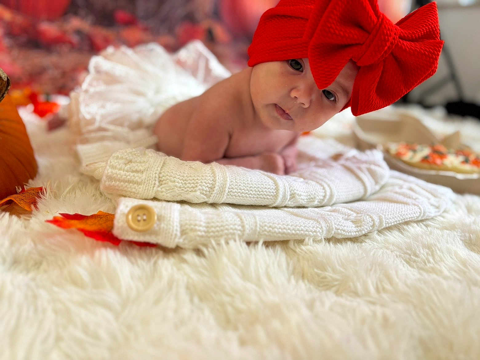 Katalïyna participe au concours pour gagner de l'argent avec cette photo : autumn_leaves, baby, baby_girl, child, close_up, cozy, cute, decor, fall_theme, fluffy_rug, headband, indoor, infant, knit, portrait, pumpkin, red_bow, soft_texture, warm_colors, white_sweater